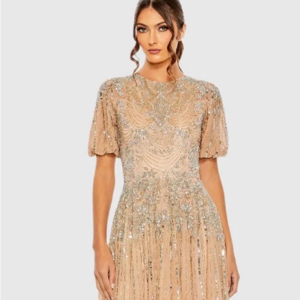 Mac Duggal Beige High Neck A Line Puff Sleeve Gown